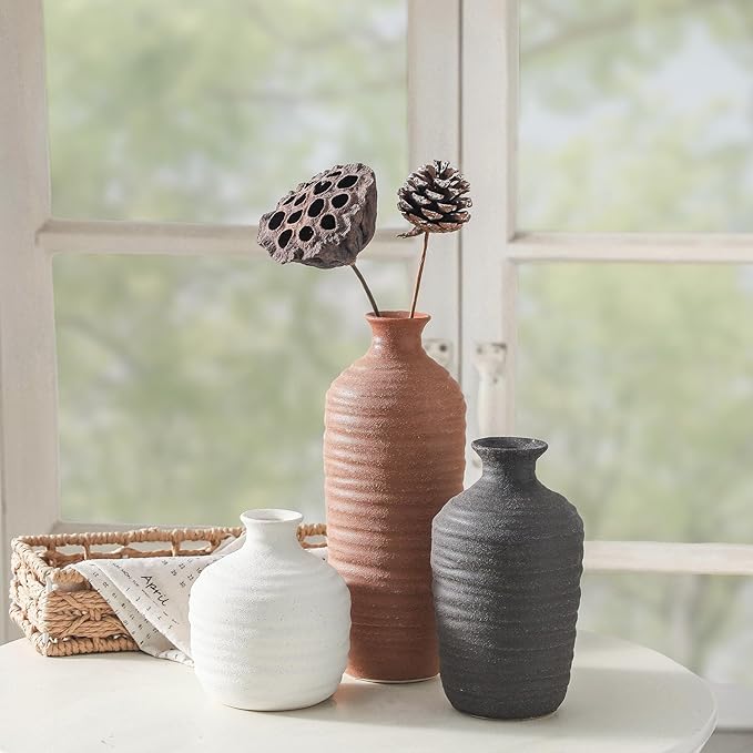 Ceramic Vase Set of 3 Neutral Decorative Vase for Farmhouse, Boho, or Rustic Home Decor Pottery Vases for Pampas Grass Living Room Bedroom Table Mantel Entryway Shelf (01-Brown)