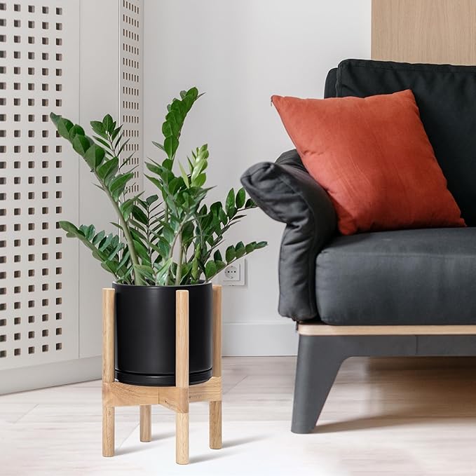 D'vine Dev Ceramic Planter with Natural Stand - 8 Inch Modern Round Flower Pot with Wood Planter Holder, Black, 55-B-N-2