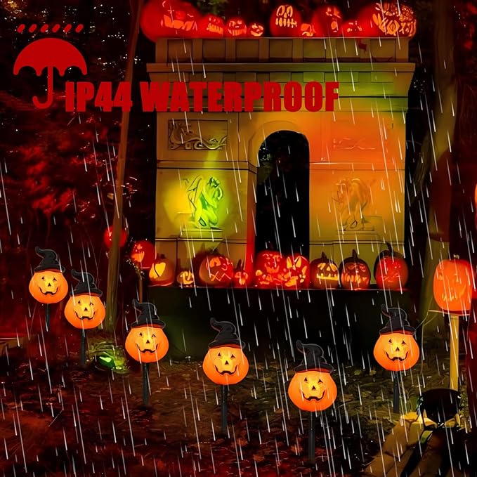 4 Pack Halloween Pumpkin Witch Hat Pathway Lights –7Ft LED Outdoor Halloween Decorations, Waterproof Halloween Garden Stake Lights Perfect for Outdoor Pathway, Yard, Walkway, Lawn and Driveway Decor