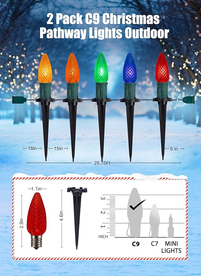 C9 Christmas Pathway Lights Outdoor, 25.7 Feet 20 LED C9 Strawberry Walkway Lights with Marker Stakes, Connectable Shatterproof C9 String Lights for Outside Yard Decorations, Multicolored, 2 Pack