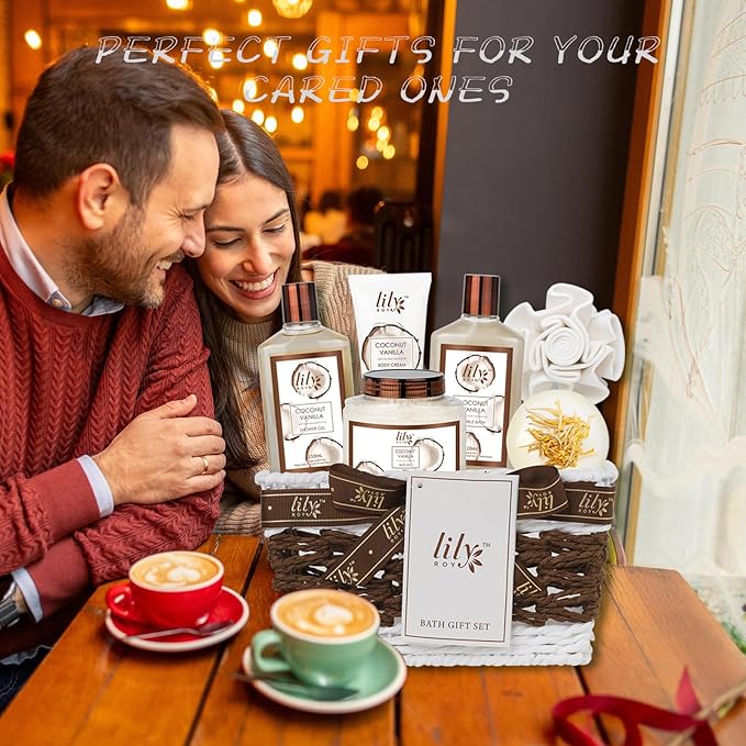 Christmas Gifts for Women - 7 Pcs Coconut Pampering Bath and Body Gift Basket Set for Women, Gift with Shower Gel | Valentine's, Birthday, Mothers Day Gifts for Mom, Perfect Gift for Mom All Occasion