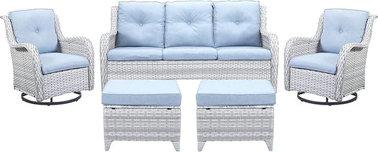 5 Piece Outdoor Patio Furniture Set - Wicker Furniture Patio Conversation Set, Outdoor Swivel Rocker Chairs with 3-Seater Sofa and 2 Ottomans for Small Space, Baby Blue Cushion