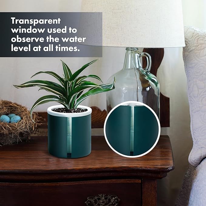 D'vine Dev 4 Inch Design Self Watering Planter for Indoor Plants, White Terracotta Pot with Teal Cylinder Glass Cup, Set of 3,37-Z-A-5-T
