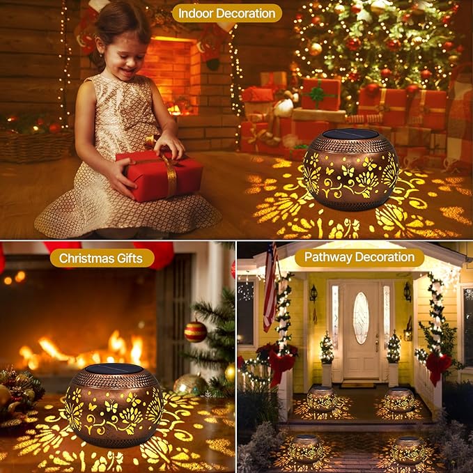 Butterfly Solar Lantern Outdoor Patio Decor, 2 Pack Retro Metal Waterproof Garden Decor Solor Lights, Birthday Gifts for Women Mom Grandma ,Yard Porch Garden Balcony Decorations