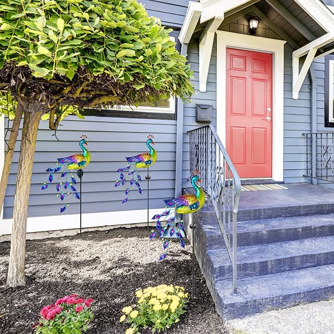 DREAMSOUL Solar Garden Lights Outdoor, Metal Peacock Decor Solar Lights Garden Stakes with Led String Lights, Waterproof Crackle Glass Ball Landscape Path Light for Lawn Patio