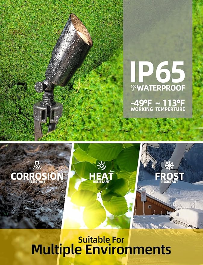 COLOER Brass Low Voltage Landscape Spotlight(Black) 6-Pack with 5W Aluminum Housing MR16 LED Bulb 2700K 450LM CRI85+,12V AC/DC Outdoor Uplighting, Directional Garden Patio Spot Up Light(101B-Black)