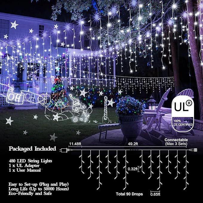 480 LED 49FT Christmas Lights Plug in 8 Modes with Timer Dimmable Christmas Decorations Outdoor Waterproof Indoor Curtain String Lights for Roof Porch Garden Holiday Wedding Party Decor Cool White