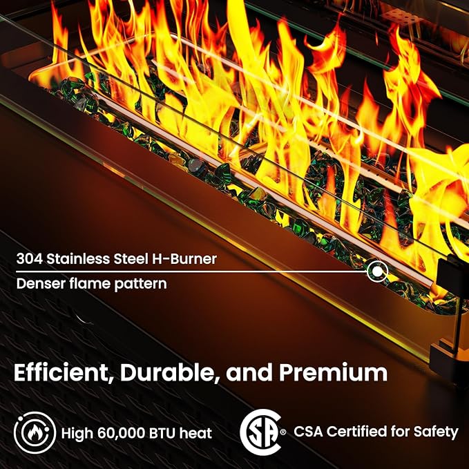 Ciays 43-Inch Rectangular Propane Fire Pit with 60,000 BTU Output, Fire Pit Table Premium Gas for Outside Patio with 304 Stainless Steel H-Burner, Glass Stones, and Wind Guard,Black