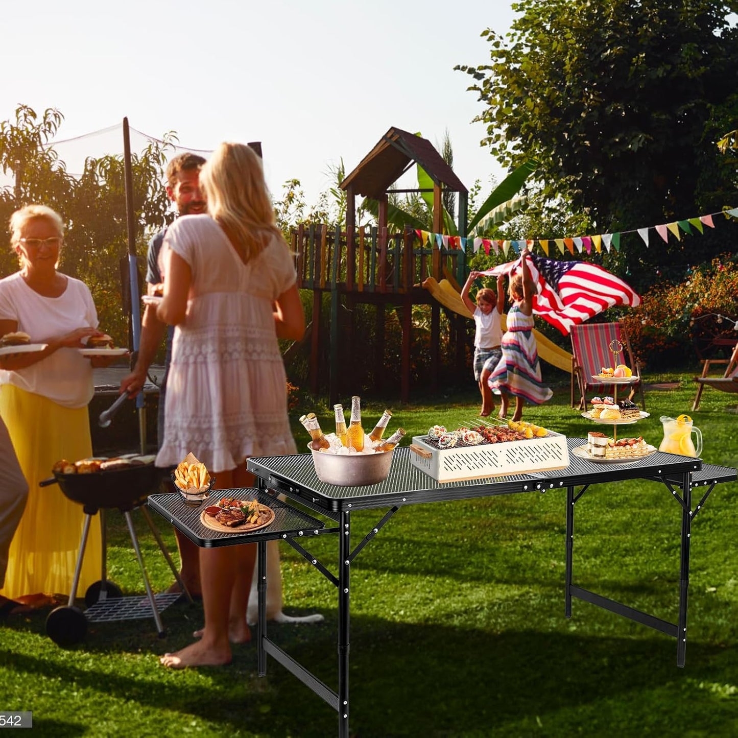 Grill Table Folding Table with 2 Wing Panels 4FT+1.77 FT with with 1×2/5 L Storage Bag Mesh Desktop 3 Height Adjustable Portable Grill for Outdoor Indoor Beach BBQ Picnic Travel RV Black