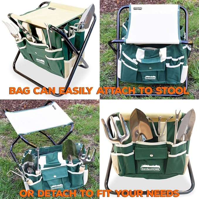 Gardening Tool Set, Stainless Steel 7-Piece Gardening Tools with Heavy-Duty Folding Stool and Detachable Canvas Tote Bag, Green and White, Ideal Gardening Gifts for Women and Men