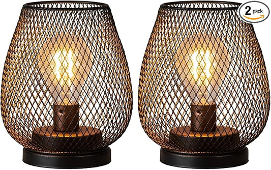 DECORKEY Set of 2 Battery Operated Lamp LED Table Lantern, Brown Metal Cage Cordless Lamps with LED Bulb，Vintage Decorative Outdoor Lantern for Weddings, Parties, Patio, Events for Indoors Shelf Decor