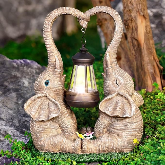 Elephant Statue Easter Garden Decor with LED Solar Lights-Set of 2 Good Luck Elephant Outdoor Statue Christmas Decorations for Yard Patio,Porch,Home -Mothers Day Gifts for Women, Mom, Grandma
