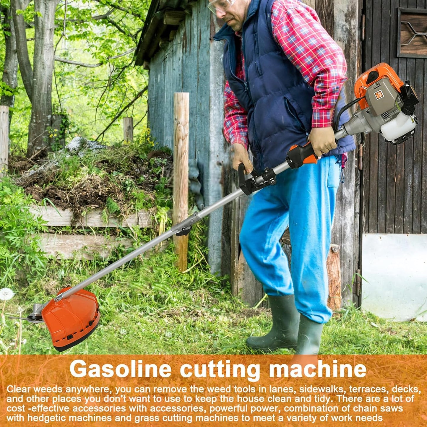 5 in 1Gas Weed Wacker，62cc 2 Stroke Full-Functional Petrol Hedge Trimmer,Gas Weed Eater,Grass Cutter Machine,Straight Shaft Grass Trimmer Cordless for Gardening (Orange)