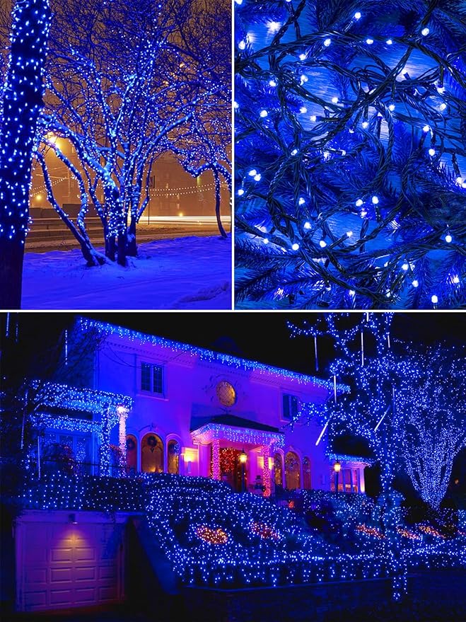 EEW 2-Pack 200 LED Solar String Lights Outdoor, Solar Christmas Lights with 8 Lighting Modes, Waterproof Green Wire Solar Tree Lights for Outside Xmas Wedding Party Garden Patio Decorations (Blue)