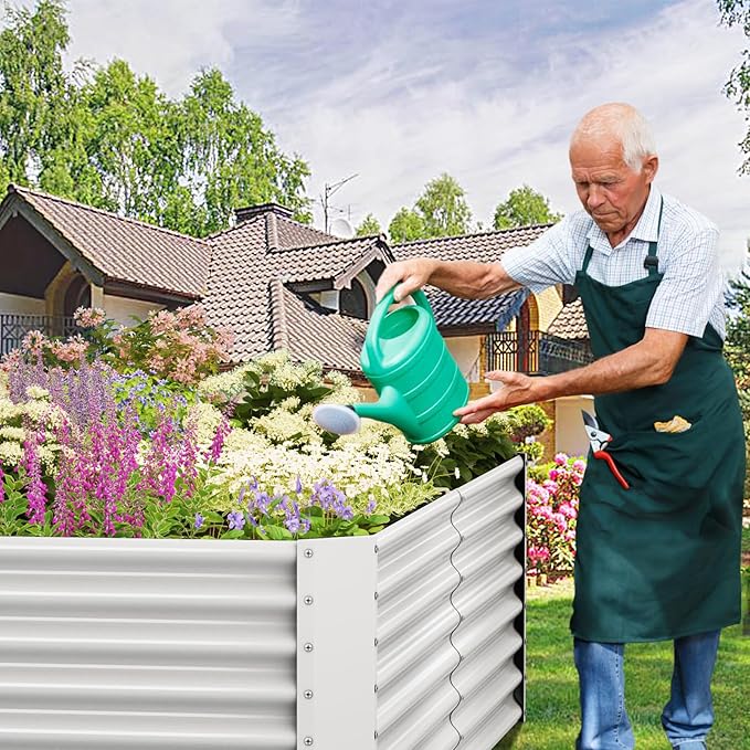 8x4x2ft Galvanized Raised Garden Bed Outdoor, Metal Garden Bed for Vegetables, Above Ground Garden Box for Flower, Steel Raised Beds for Gardening - White