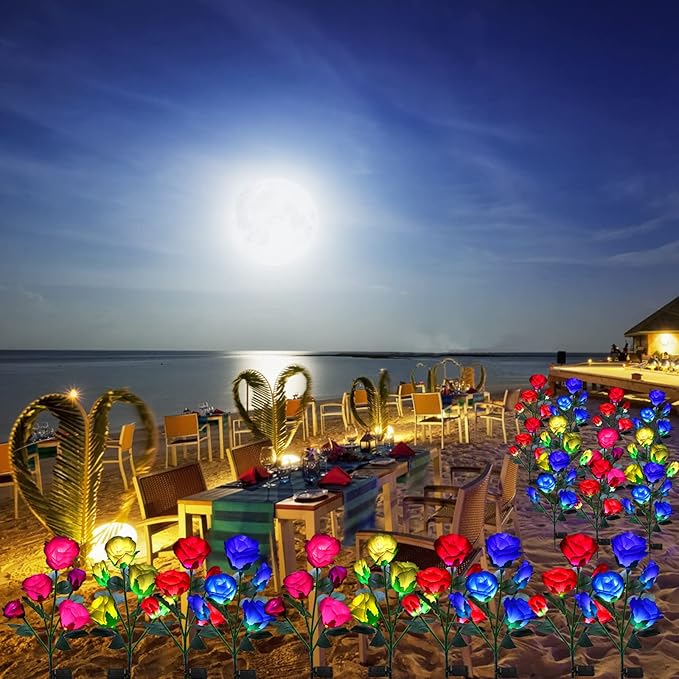 ANGMLN 4 Pack Solar Garden Lights, Solar Flower Lights Outdoor Waterproof with 20 Head Rose 7-Color Changing Landscape Light for Garden Yard Pathway Patio Grave Cemetery Decoration