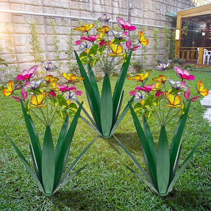 Garden Outdoor Butterfly Enlarge Thickened Wind Resistant Metal Agave Garden Art Metal Plant Country Sculpture Statue Decorations Ornaments Artificial Waterproof Butterflies(Green 3pcs)
