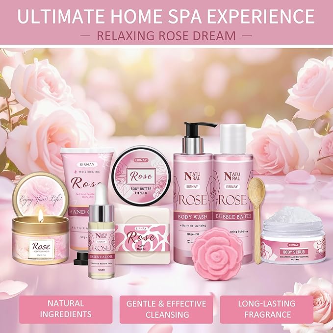 Gifts for Women,12pc Rose Scented Bath and Body Set Birthday Gift Baksket for Women Home Spa Bath Set for Her Mom Sister Wife Friend Christmas Stocking Stuffers Gifts