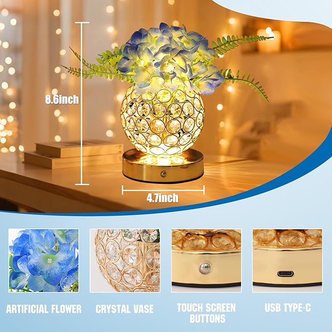 Blue Artificial Hydrangea Flower Lamp, 3 Color Dimmable Touch Control Night Light, Christmas Birthday Gifts for Women, Artificial Hydrangea Flower Table Lamp Decor for Bedroom Bar Coffee Shop Wedding