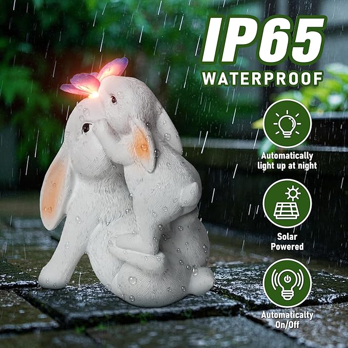 Easter Bunny Figurines Solar Garden Outdoor Statue with Butterfly Decorations Lights Easter Bunnies Decor Gifts for Women Mom Rabbit Statue for Outside Yard Patio Garden Lawn Ornament