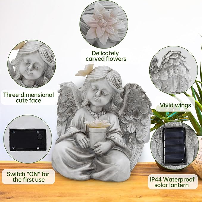 Angel Garden Statues for Outside, Solar Angels for Cemetery Grave, Outdoor Angel Statues for Garden Yard Patio Decor, Garden Sculptures for Halloween Christmas Decorations, Gift for Mom Housewarming