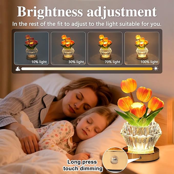 Tulip Flower Lamp with Diamond Vase, 3 Color LED Night Light, Dimmable Touch Control, Artificial Floral Decor for Bedroom Bar Coffee Shop Wedding Birthday Gifts for Women Christmas Valentine Day