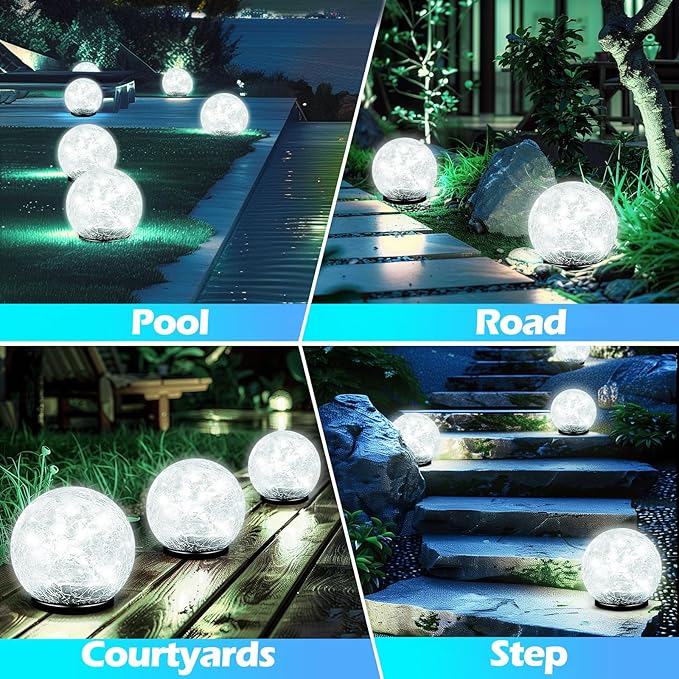 Garden Solar Ball Lights Outdoor Waterproof, 50 LED Cracked Glass Globe Solar Power Ground Lights for Path Yard Patio Lawn, Outdoor Decoration Landscape White (2 Pack 4.7'')