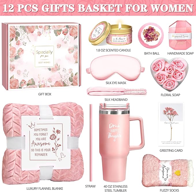 Birthday Gifts for Women Self Care Get Well Soon Gifts, Rose Relaxing Spa Gift Basket - Happy Birthday Set w/ Luxury Flannel Blanket & 40 oz Tumbler, Christmas Gift for Mom Her Wife Sister Friend