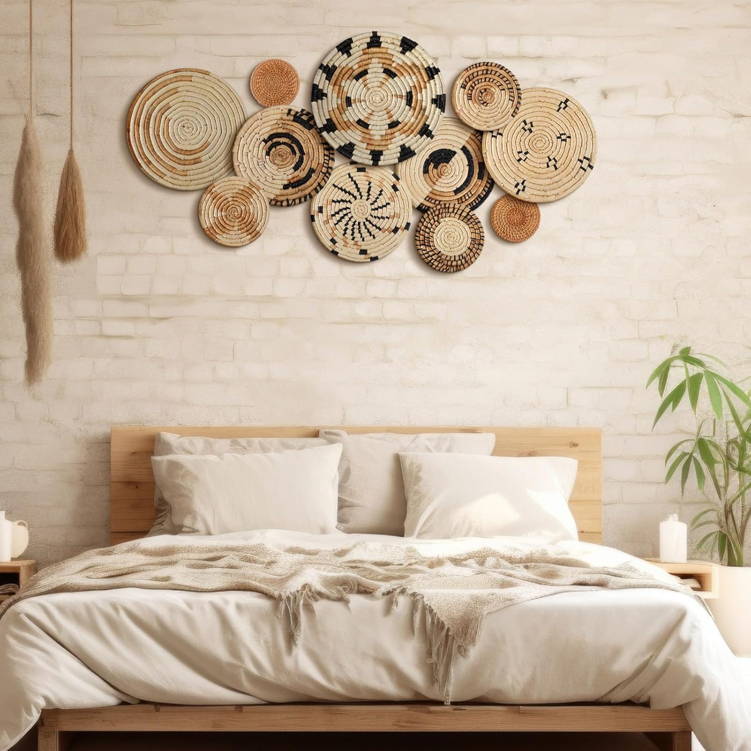 Tatuo 11 Pcs Boho Wall Basket Decor Decorative Bulrush Woven Basket Wall Decor Art Round Farmhouse Hanging Baskets for Kitchen Rustic Home Summer Decorations, Multi Sizes(Artistic)