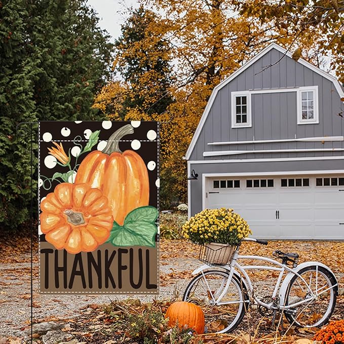 Fall Thankful Garden Flag Autumn Pumpkin Garden Flag 12x18 inch Double Sided Fall Thanksgiving Flags Holiday Decorations for Yard Outdoor Home Porch (Flay 1807)