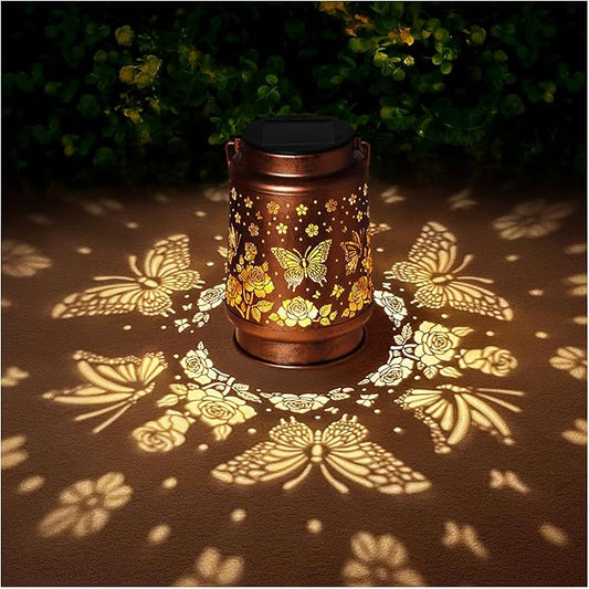 Butterfly Solar Lanterns Outdoor Waterproof Rose Garden Decor Gifts for Women Mom Grandma Hanging Solar Lights Metal Solar Decoration Outside for Yard, Patio, Backyard, Porch