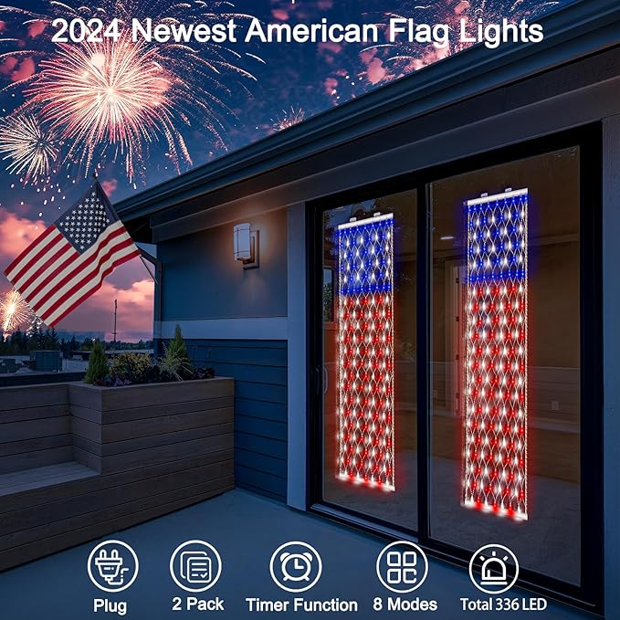 DBFAIRY 2 PCS American Flag Lights, 336 LED 4th of July USA Flag Lights Outdoor with Timer, 8 Modes Red White Blue Banners Lights for Independence Flag Day, Each 6.6Ft (L) x 1.2Ft (W)