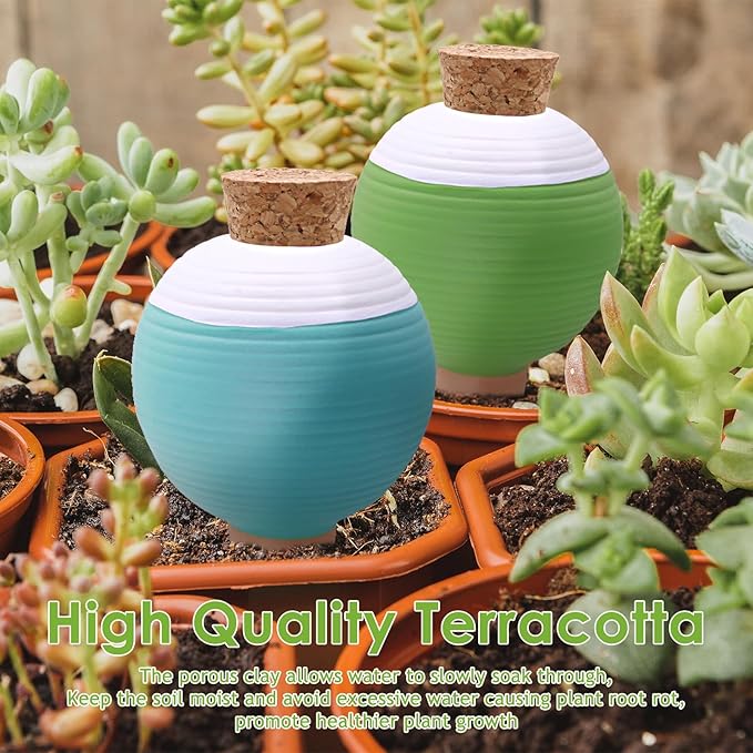 4PCS Plant Watering Globes, Large Terracotta Automatic Watering Stake Devices with Wooden Stopper for Pots, Planters, Indoor, Outdoor
