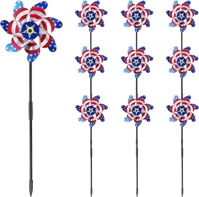 BATTIFE 10 Packs Patriotic Sparkly Reflective Pinwheels for Yard and Garden, American Flags Blinding Birds Pin Wheel Scare Birds & Animal Away, Wind Spinner for 4th of July