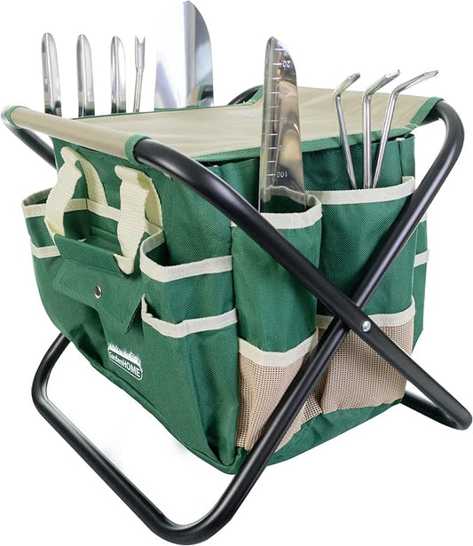 Gardening Tool Set, Stainless Steel 7-Piece Gardening Tools with Heavy-Duty Folding Stool and Detachable Canvas Tote Bag, Green and White, Ideal Gardening Gifts for Women and Men