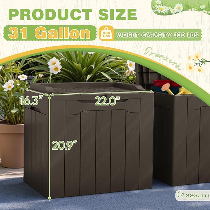 Greesum 31 Gallon Deck Box for Outside, All Weather Outdoor Storage Boxes for Patio Furniture Set, Package Delivery Box, Garden Tools, Brown(Set of 2)