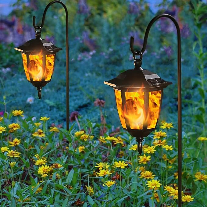Dynaming 4 Pack Solar Flame Hanging Lights Outdoor, Solar Flickering Flame LED Garden Lanterns with 4 x 38 Inch Shepherd Hooks, Landscape Lighting Waterproof for Lawn Patio Yard Pathway Driveway