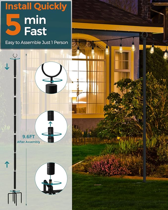 LAND·VOI Metal String Light Poles for Outside Hanging - Backyard, Garden, Patio, 1 Pack Lighting Stand with Adjustable Height for Outdoor Parties, Wedding, Extra-Long 5-Prong Claws, (9.6FT) FLP01B