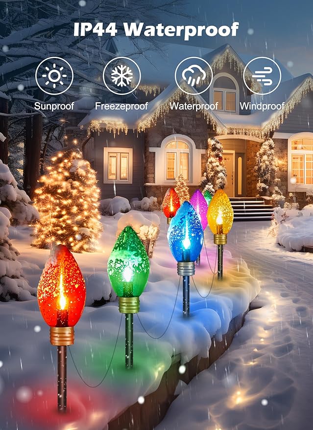 Brightown Super Jumbo C9 Christmas Pathway Lights Outdoor - 2 Pack 11 Feet 5 LED Jumbo C9 Pathway Lights, Jumbo Colored Light Bulb Christmas Lights Outdoor Decorations for Lawn Holiday Yard Multicolor