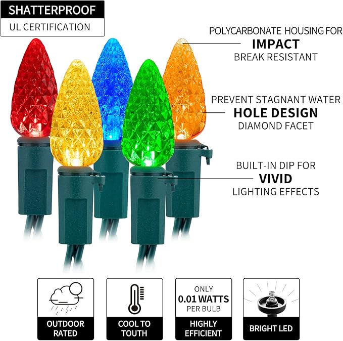 C6 LED Christmas String Lights - 2 Pack 20ft 60LED Battery Operated Strawberry String Lights with Timer and 8 Light Modes for Christmas Trees, Wreaths, Indoor Outdoor Xmas Decor, Multicolor