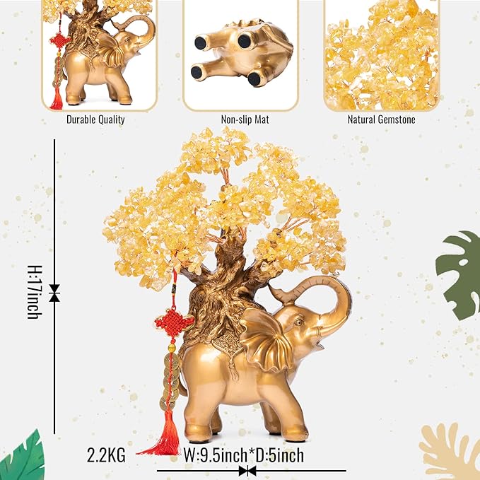 Citrine Crystal Money Tree on Gold Elephant Statue, 17”Large Gemstone Bonsai Tree of Life Home Décor Gifts for Wealth Positive Energy, Feng Shui Décor