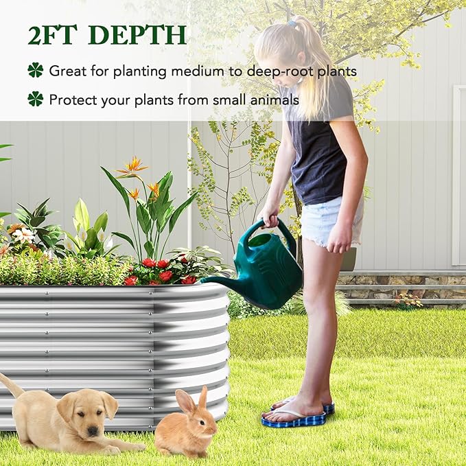 Giantex 5x3x2ft Raised Garden Bed, Large Metal Elevated Oval Planter Bed, 193 Gallon Capacity, Outdoor Planting Garden Box for Vegetable Flower Herb Grow (Silver)