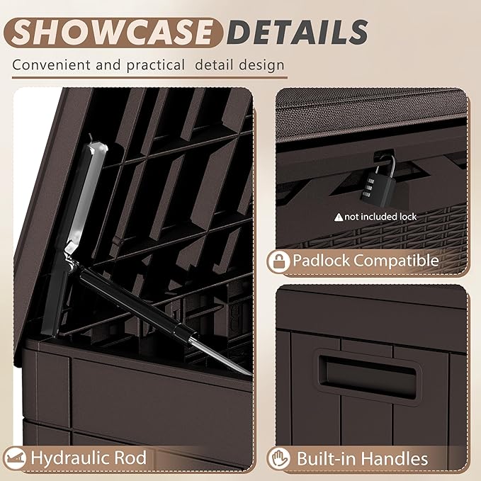 Devoko 100 Gallon Deck Box, Waterproof Resin Outdoor Storage Box with Cushion for Outside and Patio, Large Outdoor Storage Bench Cabinet Lockable for Patio Furniture and Garden Tools (Deep Brown)