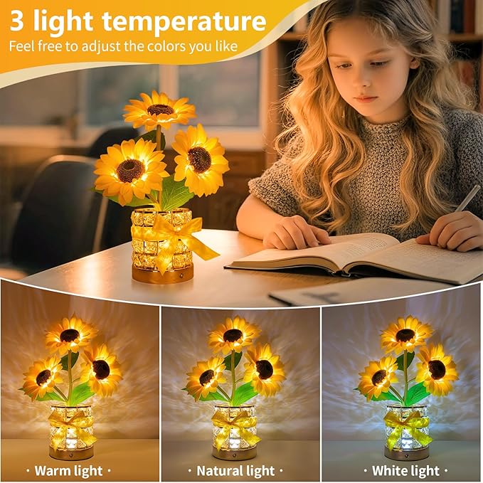 Sunflower LED Lamp,USB Rechargeable Touch Night Light, 3 Color Stepless Dimmable,Small Battery Flower Decor for Bedroom, Restaurant, Bar – Birthday, Mother’s Day,Wedding Gifts for Women,Mom