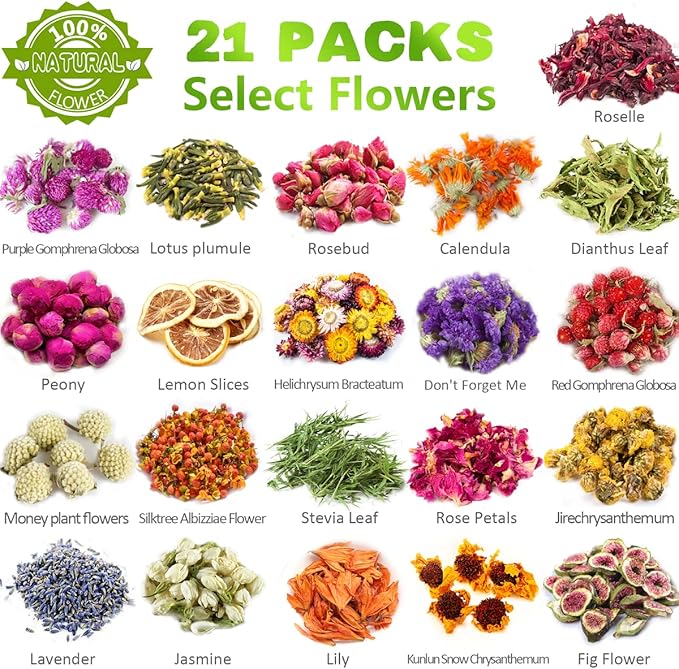 [Latest] 21 Pack Dried Flowers for Candle Making, 100% Natural Dried Herbs Kit for Soap Making, Bath, Resin Jewelry Making, Bulk Dried Flowers Include Lavender, Rose Petals, Rosebuds, Leaves, Lemon.