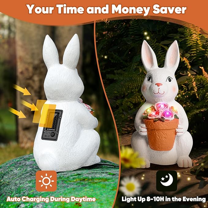 Brightever Solar Powered Outdoor Garden Statues- Rabbit with Flowers and 5 Colorful LED Lights, 11.8IN Outdoor Figurine Lights, Solar Garden Bunny Statue for Easter Decor, Gifts for Mom, Housewarming