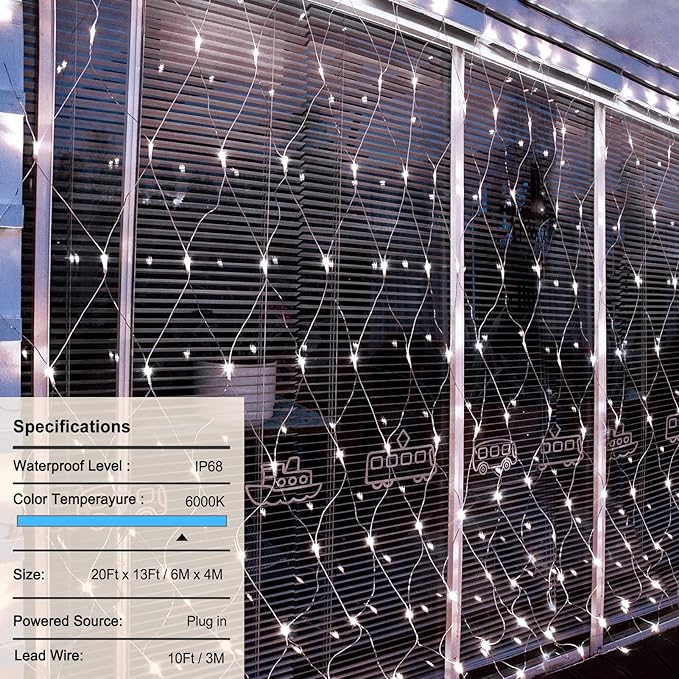 Echosari 720 LED Net Light 20ft x 13ft Large Size Bush Light Plug-in, IP68 Fully Waterproof Outdoor for Garden Backyard Wall Trees Party Holiday Decoration (Cool White)