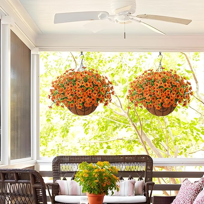 Artificial Faux Hanging Plants Flowers Basket Outdoor Indoor Patio Lawn Garden Spring Decor, Fake Silk Daisy in Basket with 12inch Coconut Lining Chain Palm Flowerpot(Orange)