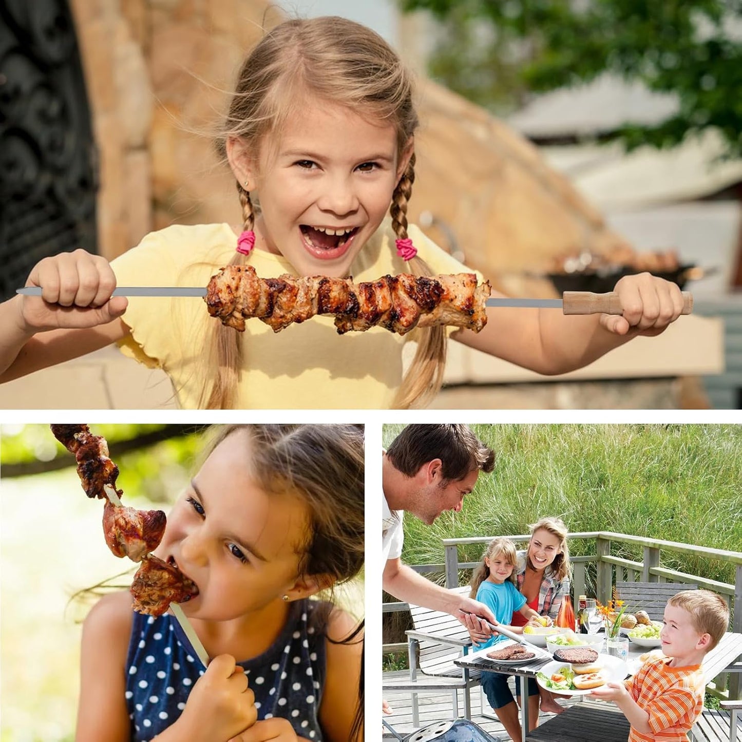 10 Pcs Kabob Skewers, 16IN Metal Skewers for Grilling, Premium Stainless Steel Flat Kebabs, with Wooden Handles Insulated Reusable BBQ Set