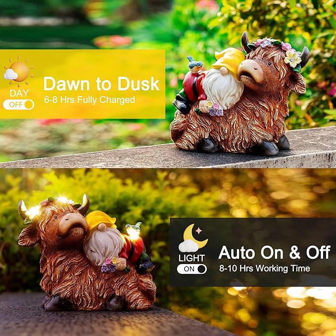 Garden Gnome Statue - Highland Cow with Solar Flower LED Lights and Bird - Funny Outdoor Decor for Table, Patio, Lawn - Unique Birthday Gifts for Mom, Women, and Christmas Decorations